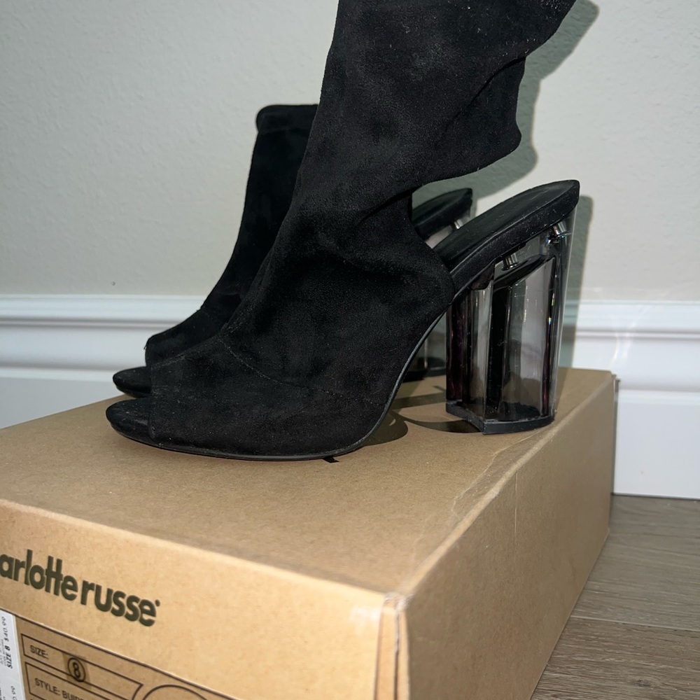Charlotte Russe Black Heeled Boots with Chunky Transparent Heel